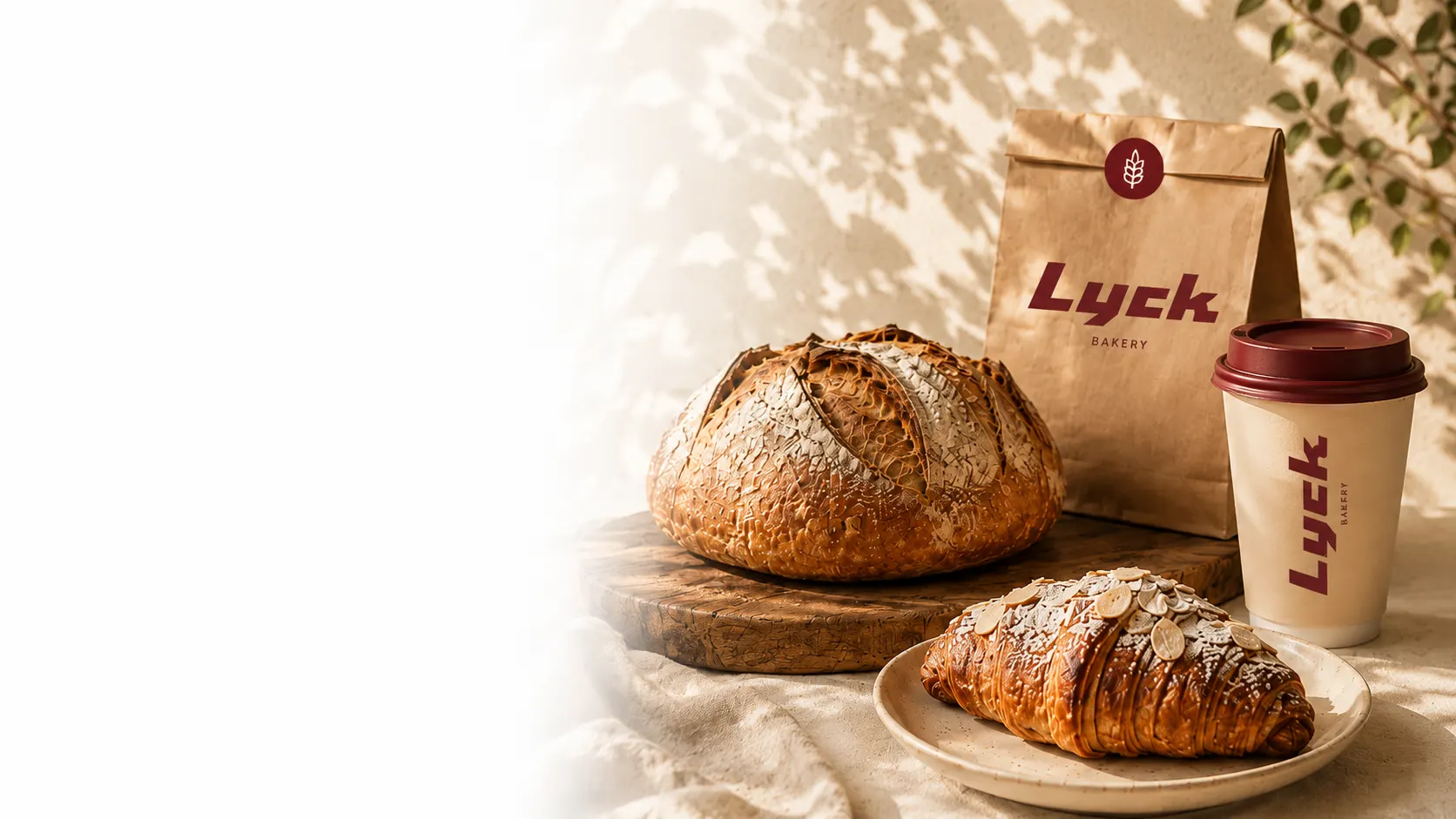 Ein Laib Brot auf einem Holzbrett, dahinter eine Papiertüte und ein Kaffeebecher mit dem Lyck-Schriftzug.